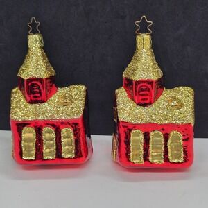 Set Of 2 Inge Glas Old World Christmas Little Red Church Ornaments